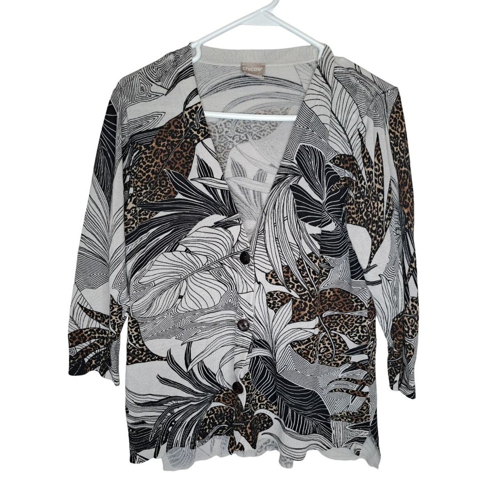Chico's Womens Leopard Floral  Animal Print Button Down Cardigan Size Medium